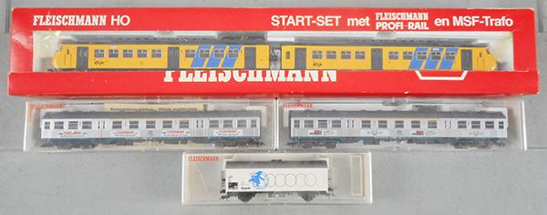 FLEISCHMANN LOT: HO ga, 2-rail, 4470 NS Sprinter set in cutdown box, Miba 40 year Anniversary coach, 5899K 100 year Anniversary coach, special issue reefer, orig boxes minor wear, C8-9.