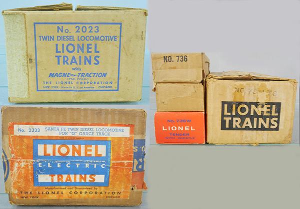 LIONEL ORIG BOXES: O ga, all are empty, 2023 w/insert, 736 Lionel train set master carton w/736 & 736W boxes, 2333 Lionel train set, all have wear, C5-6.