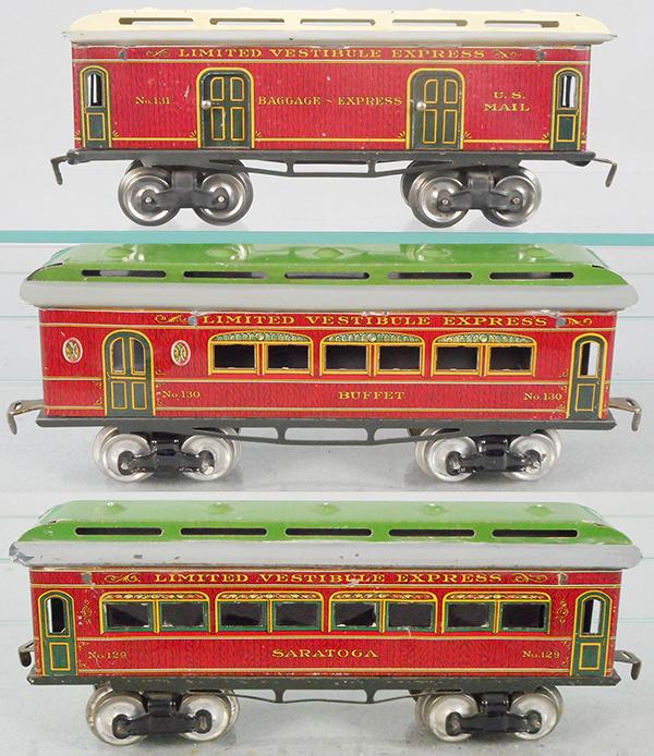 3 IVES PASSENGER CARS: O ga, red, litho tin, 131 baggage, white & gray roof, 130 buffet, no window inserts, 129 Saratoga coach, w/window inserts, green & gray roofs, ca 1910, C8.