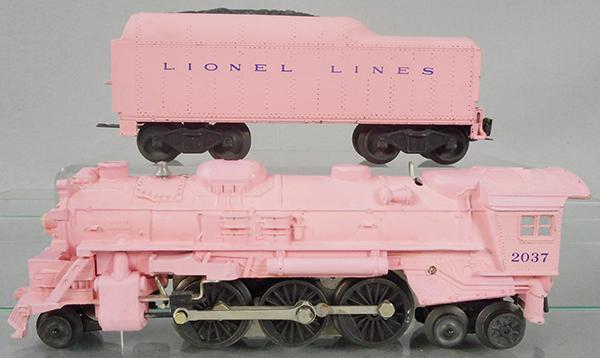 LIONEL 2037 GIRLS TRAIN LOCO: O ga, pink, 2037-500, w/touch up spots, 1130T-500 tender, w/orig box, 1 tuck flap taped, C7-8.