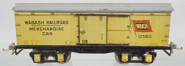 IVES 125 WABASH BOX CAR: O ga, litho tin, gray roof, ca 1930, C7.
