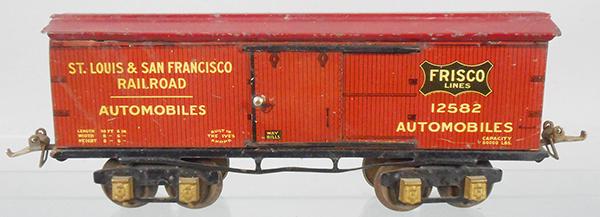 IVES 125 FRISCO BOX CAR: O ga, litho tin, red roof, ca 1930, C5.