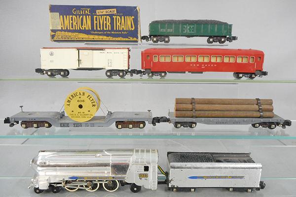 AMERICAN FLYER TRAIN SET: S ga, 356 Silver Bullet loco & tender, 636 cable reel flat, 628 log car, 633 box car, 650 Pullman, 631 gondola, w/worn orig box, set has conversion couplers, C6-8.