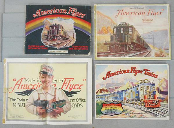 4 AMERICAN FLYER CATALOGS: 1927, 1926, spine taped, 1929, 1922, cover has tape & price graffiti, C5-7.