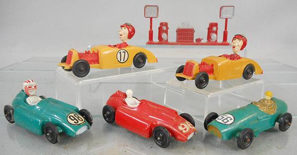 TOOTSIETOY LOT: 2 Hot Rods w/drivers, Gas Pumps, 2 Lancias, Ferrari, C7-8.
