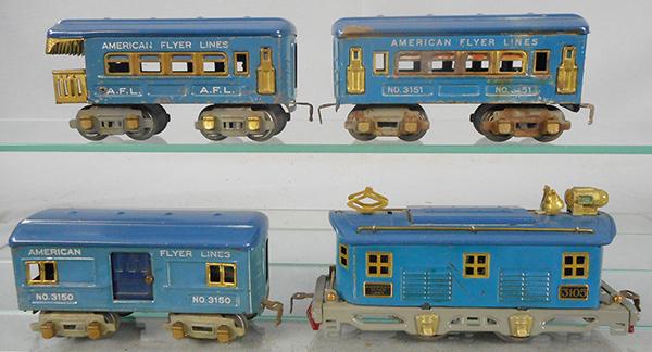 AMERICAN FLYER DIXIE QUEEN SET: O ga, 3105 loco, die cast wheels fatiguing, 3150 baggage, 3151 coach, oxidation on 1 side of car & trucks, 3152 obsv, C5-7.