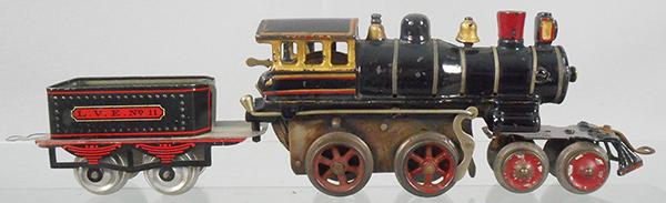 IVES 25 LOCO & TENDER: O ga, painted cast iron, windup working, LVE 11 tender w/loop coupler, ca 1904, C7-8.