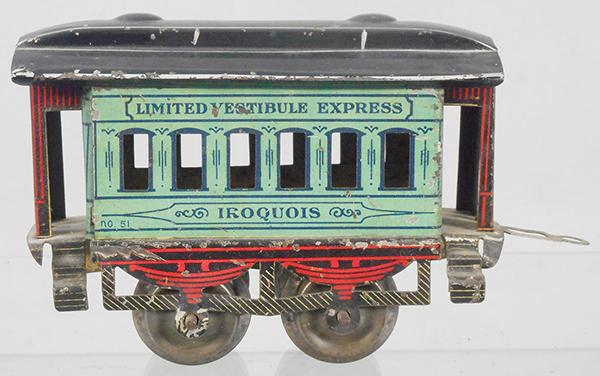 IVES 51 IROQUOIS COACH: blue, litho tin, missing 1 coupler, ca 1904, C7-8.