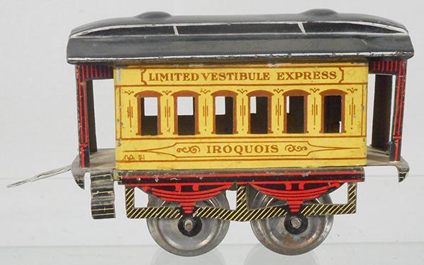 IVES 51 IROQUOIS COACH: beige & brown, litho tin, missing 1 step & coupler, ca 1904, C7-8.