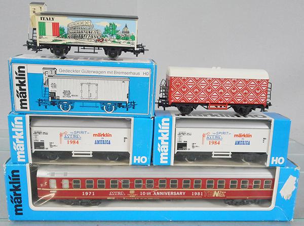 MARKLIN SPECIAL ISSUE CAR LOT: HO ga, 2 1984 MEA, 82515 Italy, 4150 sleeper, 91744 advertising box car, orig boxes minor wear, C8-9.