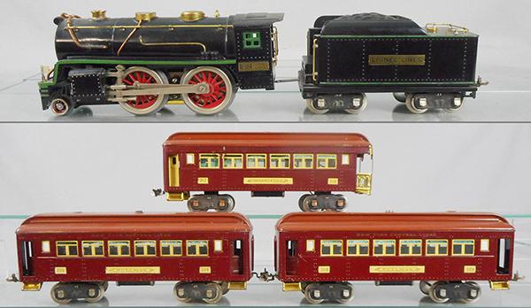 LIONEL 362 TRAIN SET: std ga, 384 loco, rewheeled, 384T tender, 2 #309 Pullmans, 312 obsv, maroon & terra cotta w/yellow trim, set has extra 309 Pullman, 4 orig boxes only, orig set box has taped top, C7-8.