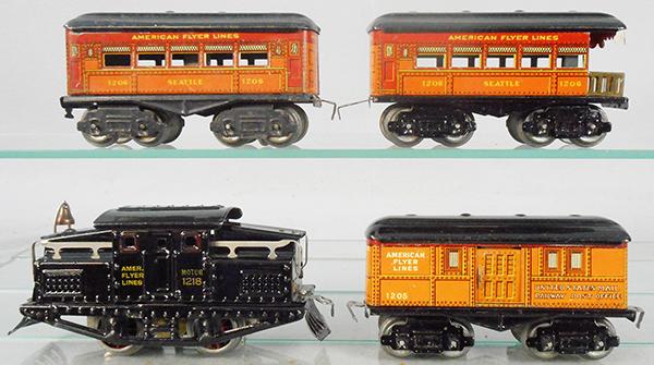 AMERICAN FLYER BROADWAY LIMITED TRAIN SET: O ga, 1218 loco, touch up spots on roof, 1205 baggage, 1206 coach, 1206 obsv, C6-8.