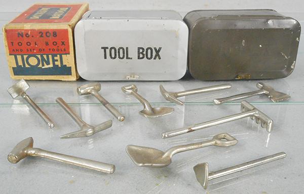 2 LIONEL 208 TOOL BOXES: std ga, silver, gray w/some dents from tools, 10 nickelplated tools, orig box worn, C7.