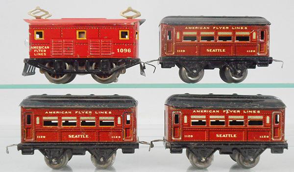 AMERICAN FLYER CAPITOL LIMITED TRAIN SET: O ga, 1096 red electric loco, 3 brown 1120 Seattle coaches, C6-7.