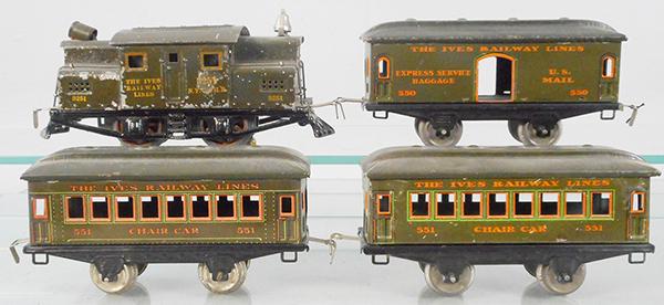IVES TRAIN SET: O ga, 3251 electric loco, die cast wheels have cracks, 550 baggage, 2 #551 chair cars, ca 1925, C5-6.