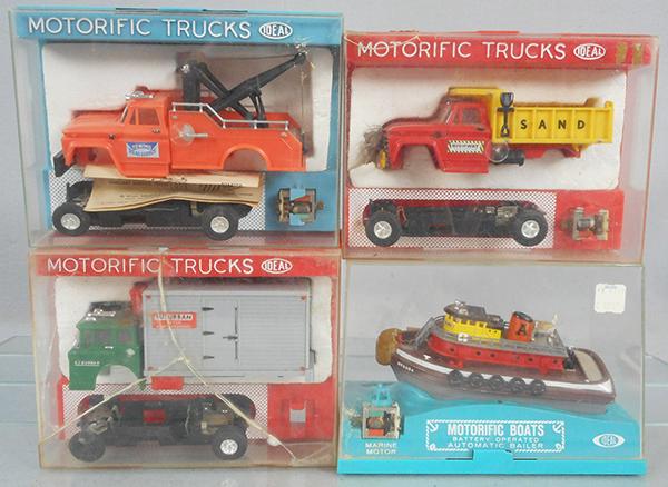 4 IDEAL MOTORIFICS: Towing Service, complete, Highway Maintenance missing back cardboard panel, Delivery Truck missing grille, hub cap, motor & back cardboard panel, box cracked, Tug Boat, missing some trim on top of whe