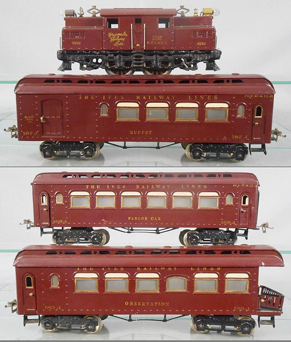 IVES TRAIN SET: std ga, 3242R loco, 187 combine, 188 parlor, 189 obsv, restored in Wanamaker colors, C8-9.