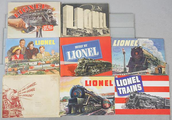 7 LIONEL CATALOGS: 1940, 1949 w/mailing envelope, 1938, 1939, 1948, 1947, 1942, C7-8.