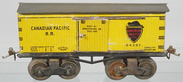 IVES 64 CANADIAN PACIFIC BOX CAR: O ga, litho tin, gray roof, ca 1912, C6-7.