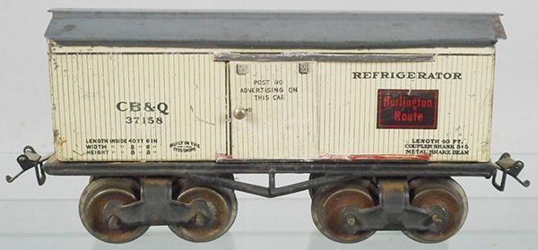 IVES 64 CB&Q BOX CAR: O ga, litho tin, gray roof, ca 1910, C7.
