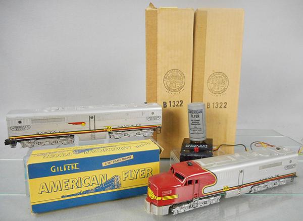 AMERICAN FLYER 365 SANTA FE DIESELS: S ga, 360 Alco PA w/twin motors, 364 B unit w/air chime whistle, number decals worn, 708 whistle control, dated 1951, orig boxes & wrap, C7.