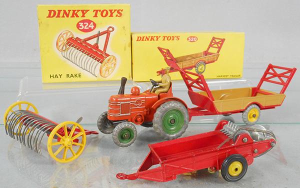 DINKY FARM VEHICLES: 324 Hay Rake, 320 Harvest Trailer, both w/orig boxes, 301 Field Marshall tractor, 321 Manure Spreader, C5-9.