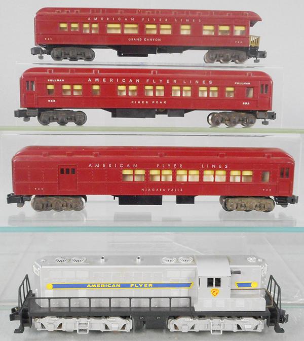 AMERICAN FLYER TRAIN SET: S ga, 371 GP7, 953 Niagara Falls combine, 952 Pikes Peak Pullman, 954 Grand Canyon obsv, orig boxes minor wear, 2 have tape repairs, C7-8.