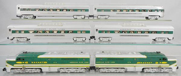 AMERICAN FLYER K5364W SILVER ROCKET TRAIN SET: S ga, 474 PA & 475 Alco PB locos, w/sound, 3 #962 Hamilton vista domes, 963 Washington obsv, set is satin silver w/green stripes, loco wraps, orig boxes & set box minor wear, C8.