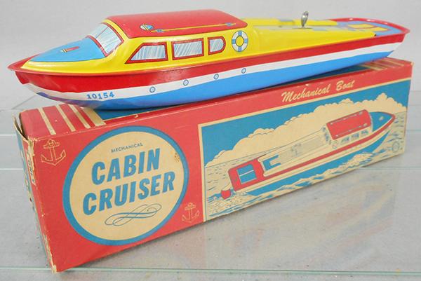 OHIO ART 101 CABIN CRUISER: litho tin, windup working, 14 1/2 in long, orig box minor wear, C8.