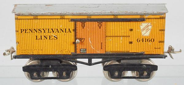 IVES 64 PENNSYLVANIA BOX CAR: O ga, litho tin, gray roof, missing 1 door knob, ca 1920, C6.