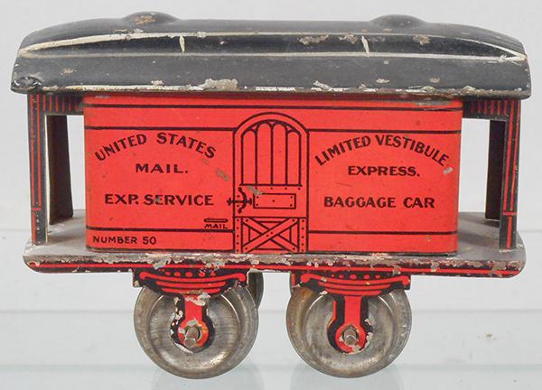 IVES 50 BAGGAGE: O ga, litho tin, red, missing couplers & posts, ca 1903, C6-7.