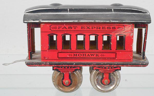 IVES #1 MOHAWK COACH: O ga, litho tin, red, missing 1 coupler & post, ca 1903, C6-7.