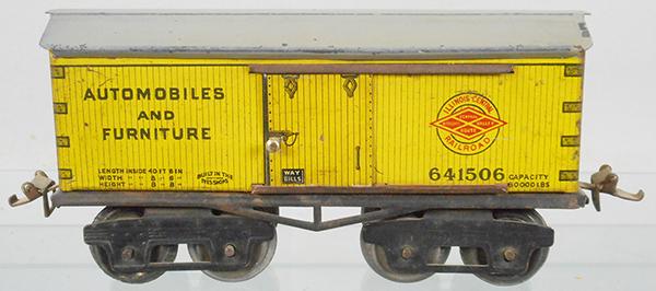 IVES 64 ILLINOIS CENTRAL BOX CAR: O ga, litho tin, gray roof, ca 1920, C7.