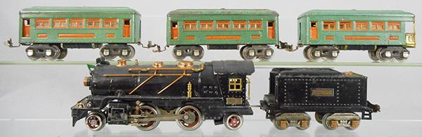 LIONEL TRAIN SET: O ga, 262 loco, 262T tender, 2 #607 Pullmans, 608 obsv, cars have surface oxidation spots, C5.