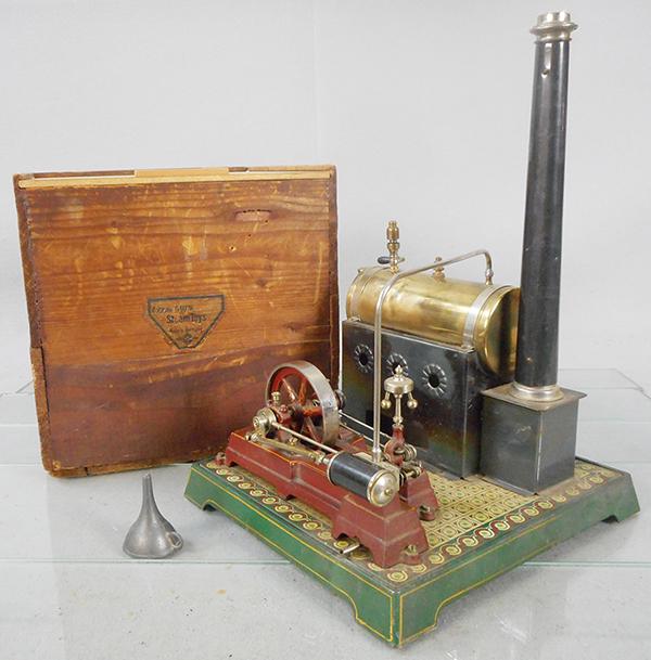 DOLL 367/2 STEAM ENGINE: cast iron base w/litho floor, complete w/burner & lead funnel, 10 x 9 x 13, orig wood box has new slide top, C8.