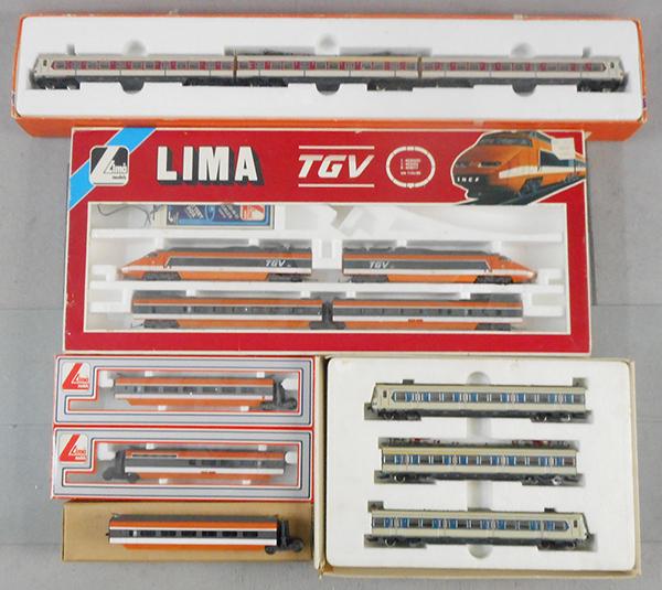 3 MULTIPLE UNIT TRAIN SETS: HO ga, 2-rail, Lima TGV 1044021 w/201094, 201097 & extra coach, Rowa 1302 3-car set, Rowa 1301 3-car set, orig boxes minor wear, C7-9.