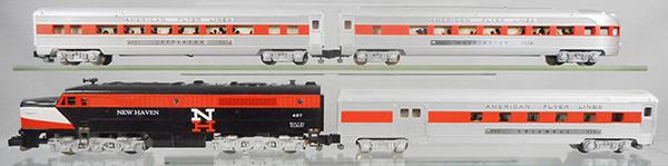 AMERICAN FLYER 20340 THE NEW CLIPPER SET: S ga, 497 NH Alco PA, 960 Columbus combine, 961 Jefferson Pullman, 963 Washington obsv, 561 diesel horn, track & transformer, ca 1957, orig boxes are 5 digit, minor wear, orig set box minor wear, C8.