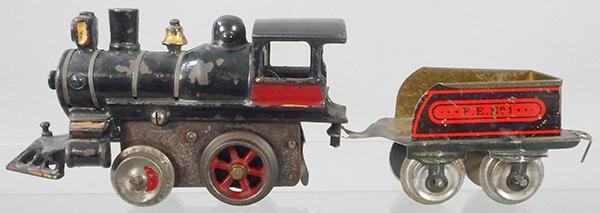 IVES 17 LOCO & TENDER: O ga, painted cast iron loco, windup working, missing nickel brakehandle knob, FE1 tender, ca 1903, C6-7.