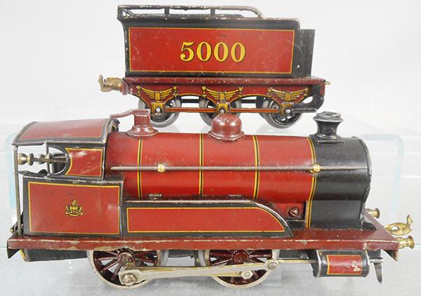 BING ENGLISH LOCO: O ga, maroon loco, windup working, w/5000 tender, some bends from use, ca 1920s, C5-6.