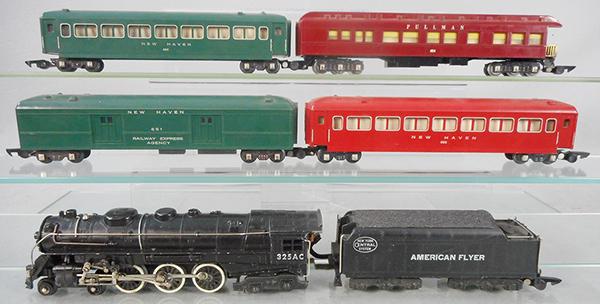 AMERICAN FLYER TRAIN SET: S ga, 325AC Hudson loco & tender w/smoke & choo choo, 651 baggage, 2 #650 Pullmans, 654 obsv, C6-8.