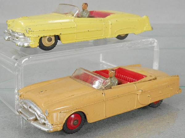 2 DINKY AUTOS: 131 Cadillac, yellow & red w/cream hubs, 132 Packard, tan & red w/red hubs, C6.