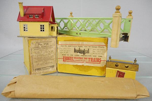 3 LIONEL ACCESSORIES: O ga, 184 Bungalow, enamel, orig box worn & repaired, 110 center bridge span w/wrapped track section, 79 flasher w/ bi-metallic strip, orig boxes minor wear, C6-8.