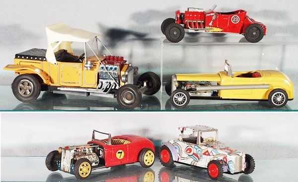5 FORD HOT RODS: Japan, litho tin & plastic, average 7 in to 10 in long, 1 is battery operated, working, others are friction working, 1 missing 4 hub caps, 1 missing headlight, C4-6.