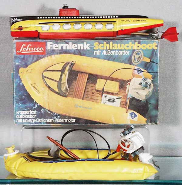 SCHUCO SUBMARINE & BOAT: 5552 Electro Submarine, battery operated, working, 763 360 Aral Launch Boat, windup working, w/accessories, orig box worn, C7-8.
