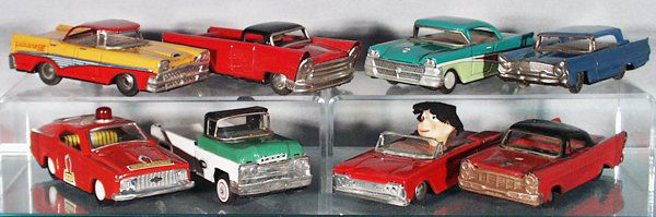 8 TIN AUTOS: litho tin, 7 are friction, 2 are not working, 2 missing 1 hub cap, 5 1/2 in to 7 in long, C4-6.