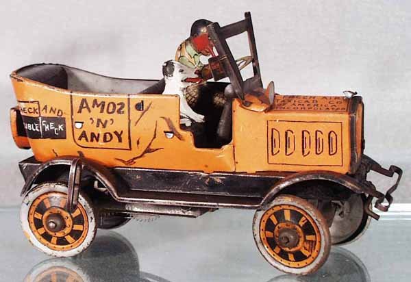 MARX AMOS & ANDY FRESH AIR TAXI: litho tin, windup working, 8 in long, missing Andy, hood ornament & 1 headlight, some wear, C4-5.