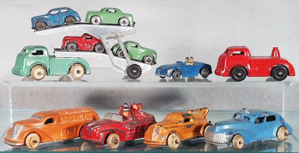 7 BARCLAY VEHICLES: slush die cast, Car Carrier w/5 cars & extra cab, Oil Fuel Truck, Convertible w/Worlds Fair or Bust rubberstamped on hood, Wrecker, Taxi, C5-6.