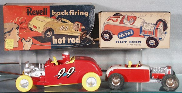 RENWALL & REVELL HOT RODS: Revell Back Firing Hot Rod, plastic, 8 in long, fires caps, control cable rusty; Renwall Auto, die cast, oxidation on hub caps, orig boxes worn & 1 has paint residue, C5-6.