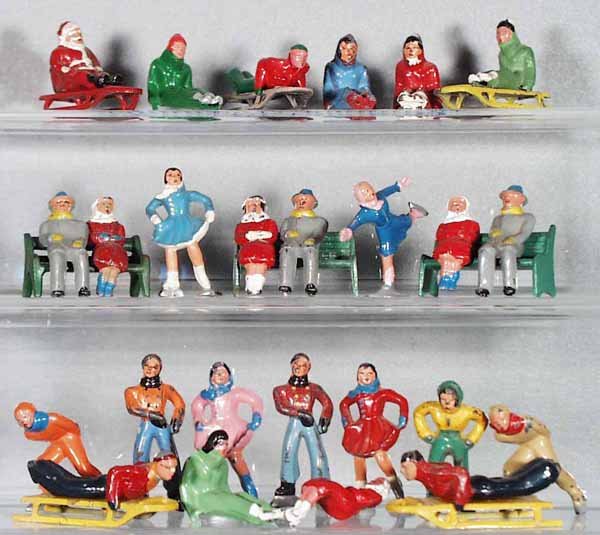 32 BARCLAY WINTER SCENE FIGURES: 1 sled has broken runner, some playwear, C3-6.