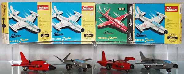 4 SCHUCO MICRO RACER JETS: 1033 Douglas Sky Ray, 1031 Magister, 1030 Thunder Jet, 1032 Super Sabre, all are windup working, orig boxes, C8-9.